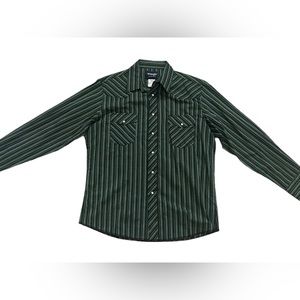Wrangler Western Men's Large Pearl Snap Green Stripe Long Sleeve Shirt